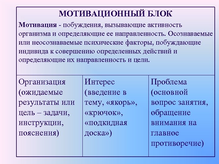 МОТИВАЦИОННЫЙ БЛОК Мотивация - побуждения, вызывающие активность организма и определяющие ее направленность. Осознаваемые или