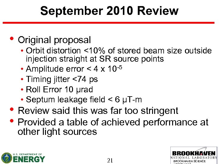September 2010 Review • Original proposal • Orbit distortion <10% of stored beam size