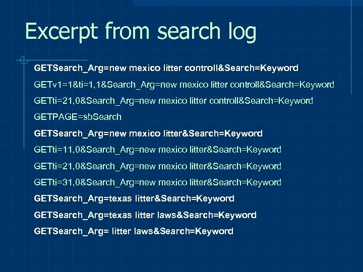 Excerpt from search log GETSearch_Arg=new mexico litter controll&Search=Keyword GETv 1=1&ti=1, 1&Search_Arg=new mexico litter controll&Search=Keyword