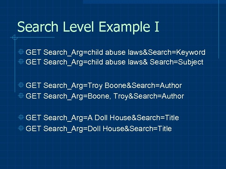 Search Level Example I ° GET Search_Arg=child abuse laws&Search=Keyword ° GET Search_Arg=child abuse laws&