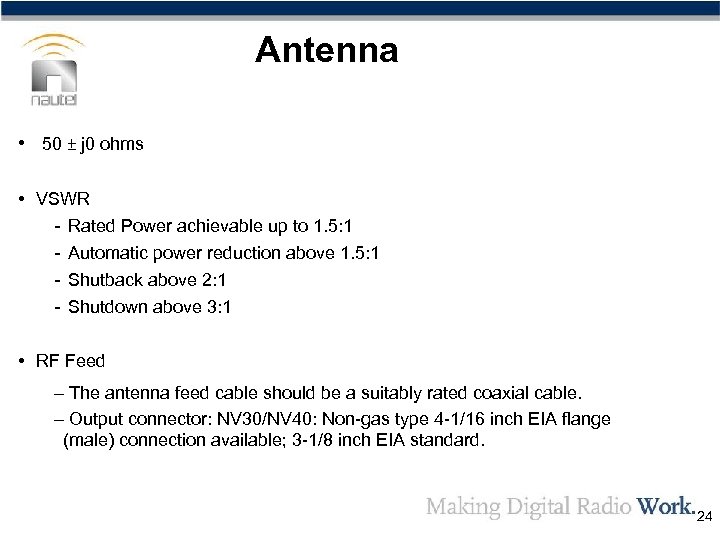 Antenna • 50 ± j 0 ohms • VSWR - Rated Power achievable up