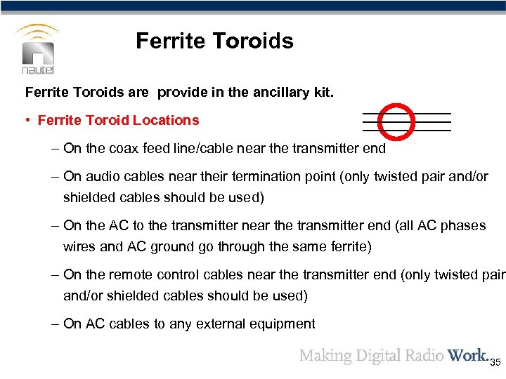 Ferrite Toroids are provide in the ancillary kit. • Ferrite Toroid Locations – On