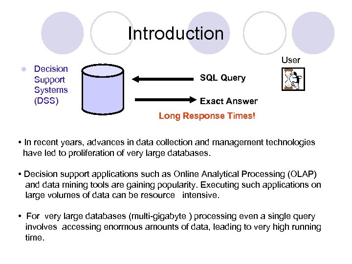 Introduction l Decision Support Systems (DSS) User SQL Query Exact Answer Long Response Times!