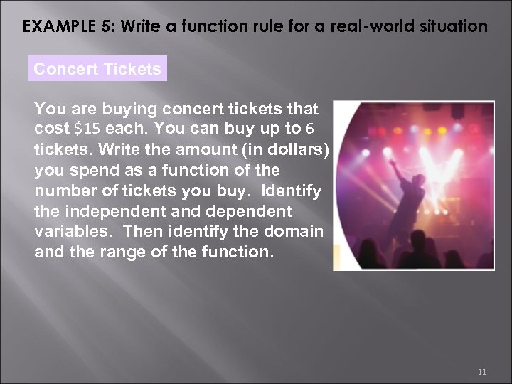 EXAMPLE 5: Write a function rule for a real-world situation Concert Tickets You are