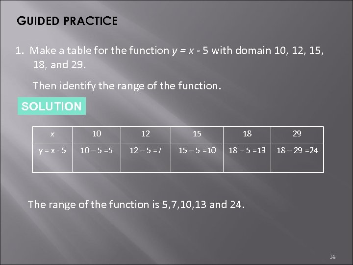 GUIDED PRACTICE 1. Make a table for the function y = x - 5