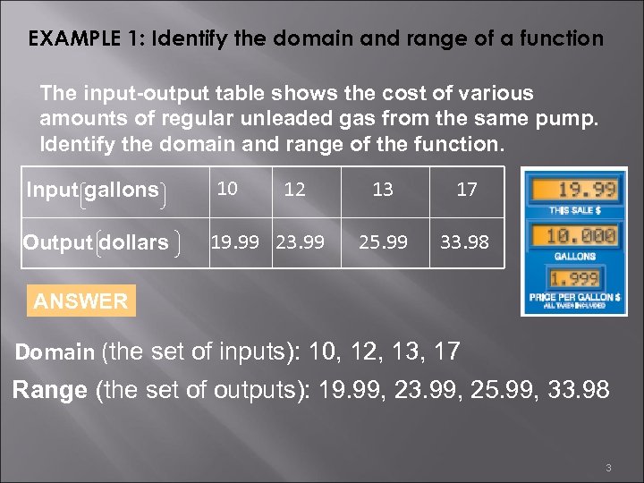 EXAMPLE 1: Identify the domain and range of a function The input-output table shows