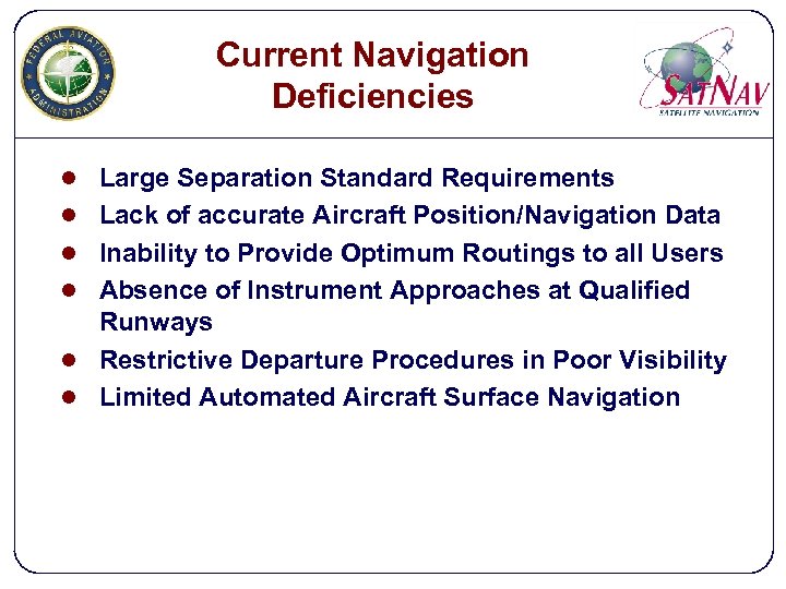 Current Navigation Deficiencies l Large Separation Standard Requirements l Lack of accurate Aircraft Position/Navigation