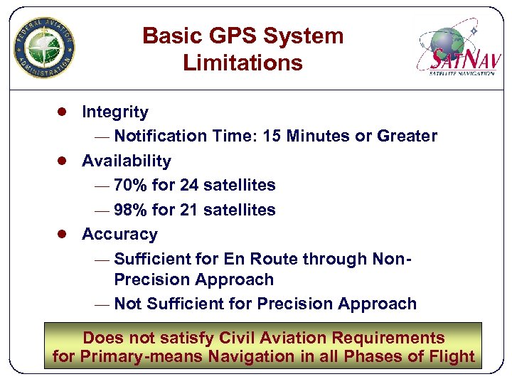 Basic GPS System Limitations l Integrity — Notification Time: 15 Minutes or Greater l