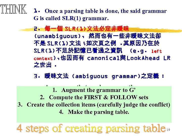 1. Once a parsing table is done, the said grammar G is called SLR(1)