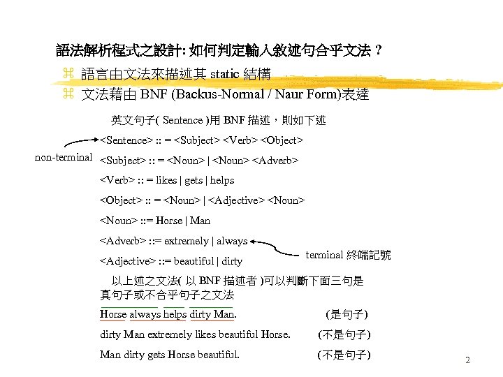 語法解析程式之設計: 如何判定輸入敘述句合乎文法 ? z 語言由文法來描述其 static 結構 z 文法藉由 BNF (Backus-Normal / Naur Form)表達