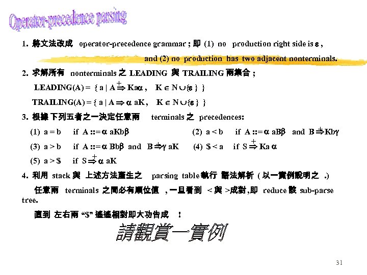 1. 將文法改成 operator-precedence grammar ; 即 (1) no production right side is , and