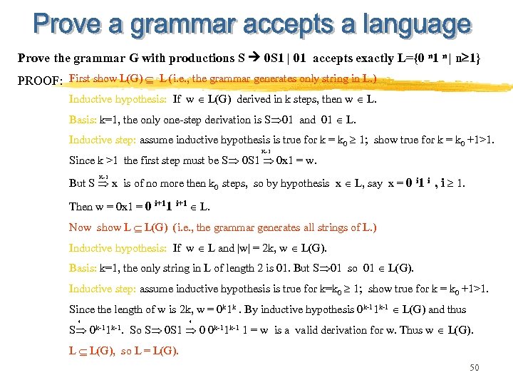 Prove the grammar G with productions S 0 S 1 | 01 accepts exactly