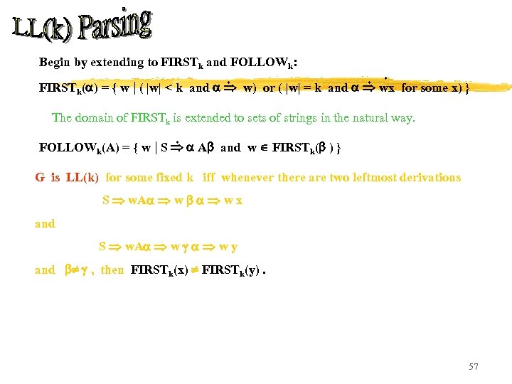 Begin by extending to FIRSTk and FOLLOWk: * FIRSTk( ) = { w |
