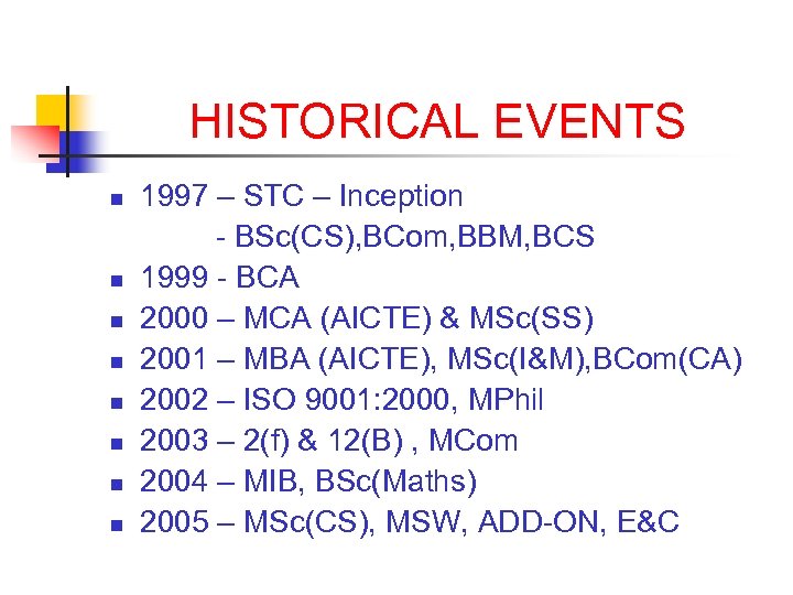 HISTORICAL EVENTS n n n n 1997 – STC – Inception - BSc(CS), BCom,