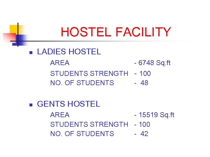 HOSTEL FACILITY n LADIES HOSTEL AREA - 6748 Sq. ft STUDENTS STRENGTH - 100