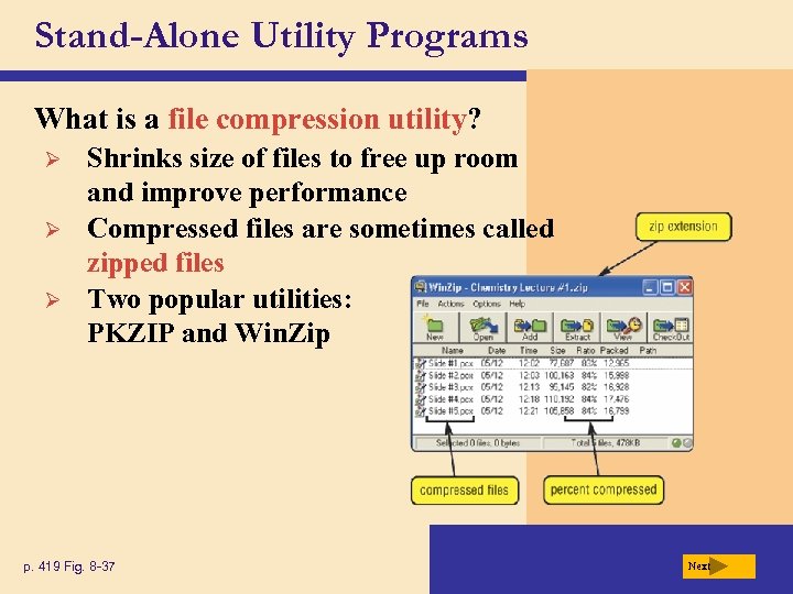 Stand-Alone Utility Programs What is a file compression utility? Ø Ø Ø Shrinks size