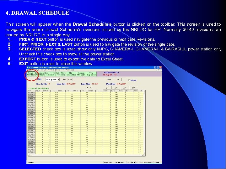 4. DRAWAL SCHEDULE This screen will appear when the Drawal Schedule’s button is clicked