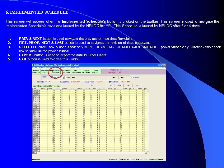 6. IMPLEMENTED SCHEDULE This screen will appear when the Implemented Schedule’s button is clicked