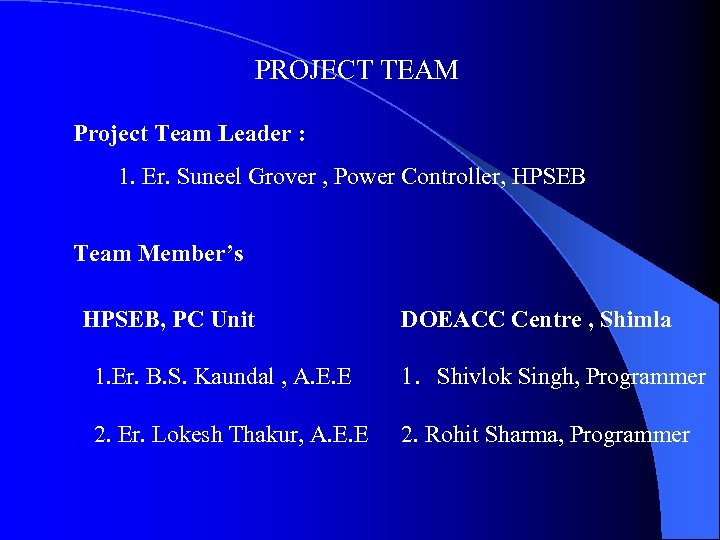 PROJECT TEAM Project Team Leader : 1. Er. Suneel Grover , Power Controller, HPSEB