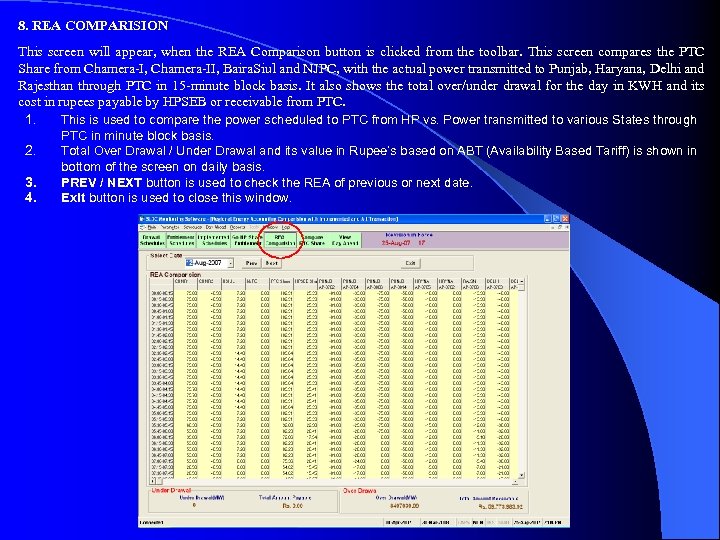 8. REA COMPARISION This screen will appear, when the REA Comparison button is clicked