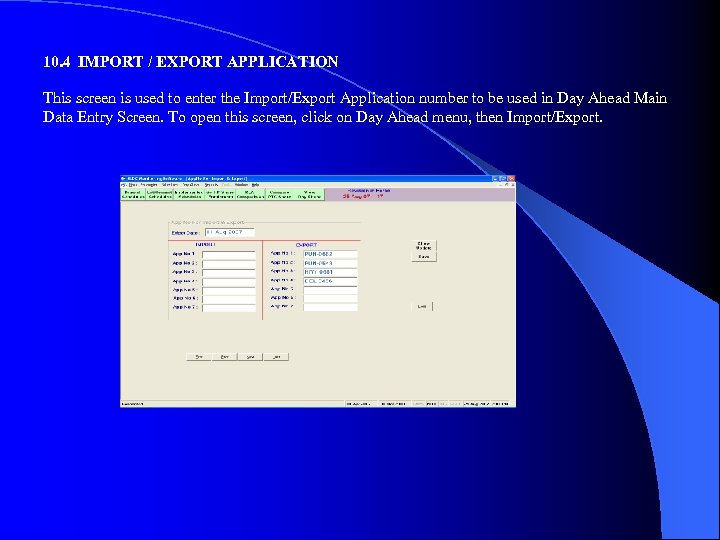 10. 4 IMPORT / EXPORT APPLICATION This screen is used to enter the Import/Export