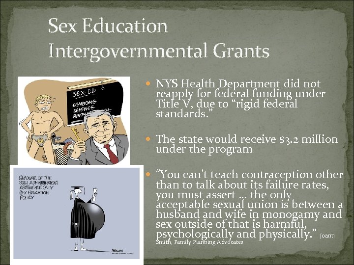 Sex Education Intergovernmental Grants NYS Health Department did not reapply for federal funding under