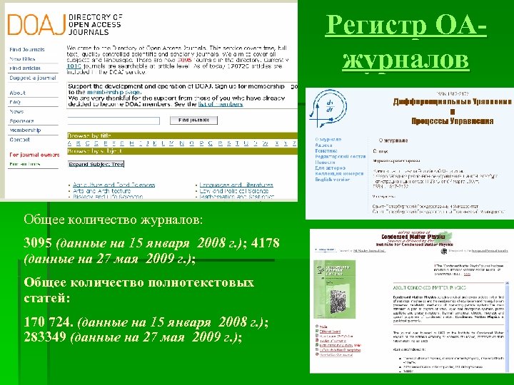 Регистр OAжурналов Общее количество журналов: 3095 (данные на 15 января 2008 г. ); 4178