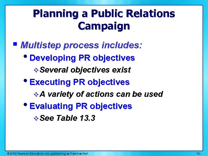 Planning a Public Relations Campaign § Multistep process includes: • Developing PR objectives v.