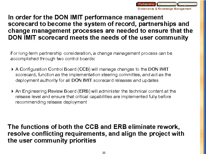 Partnership Content Alignment Governance & Knowledge Management In order for the DON IMIT performance