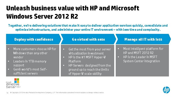 Unleash business value with HP and Microsoft Windows Server 2012 R 2 Together, we’re