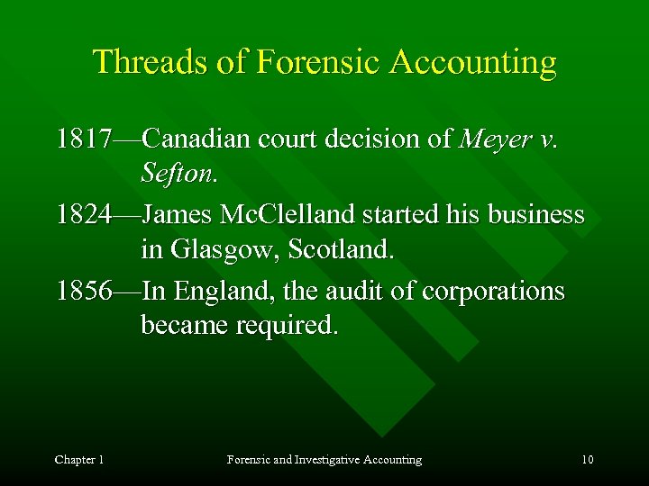 Threads of Forensic Accounting 1817—Canadian court decision of Meyer v. Sefton. 1824—James Mc. Clelland