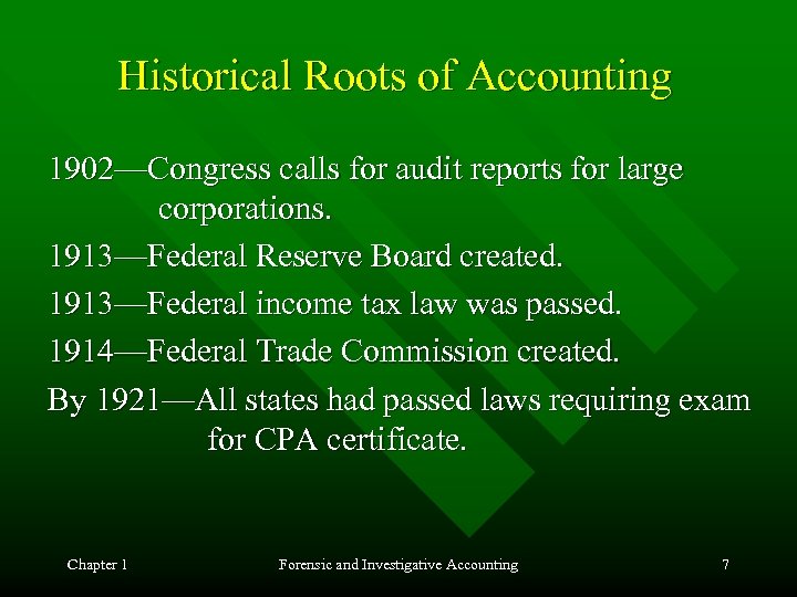Historical Roots of Accounting 1902—Congress calls for audit reports for large corporations. 1913—Federal Reserve