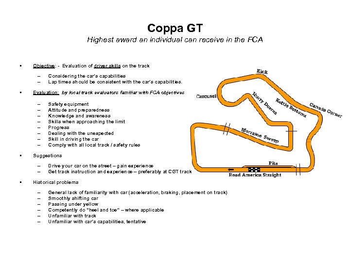 Coppa GT Highest award an individual can receive in the FCA • Objective: -