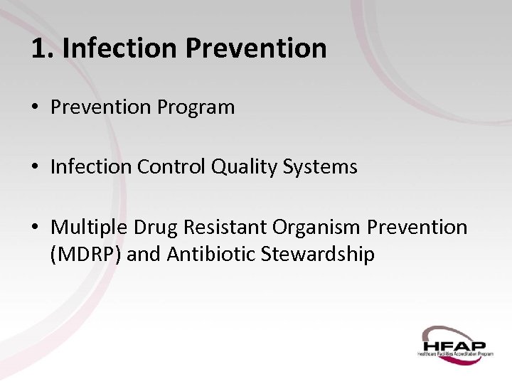 1. Infection Prevention • Prevention Program • Infection Control Quality Systems • Multiple Drug