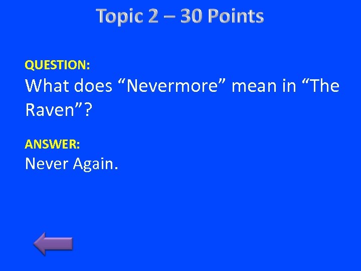 QUESTION: What does “Nevermore” mean in “The Raven”? ANSWER: Never Again. 