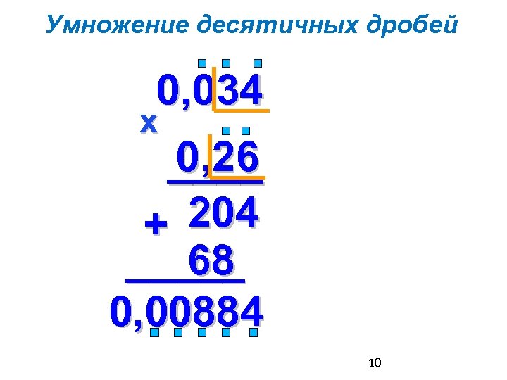 Умножение десятичных дробей 0, 034 х 0, 26 ____ 204 + _____ 68 0,