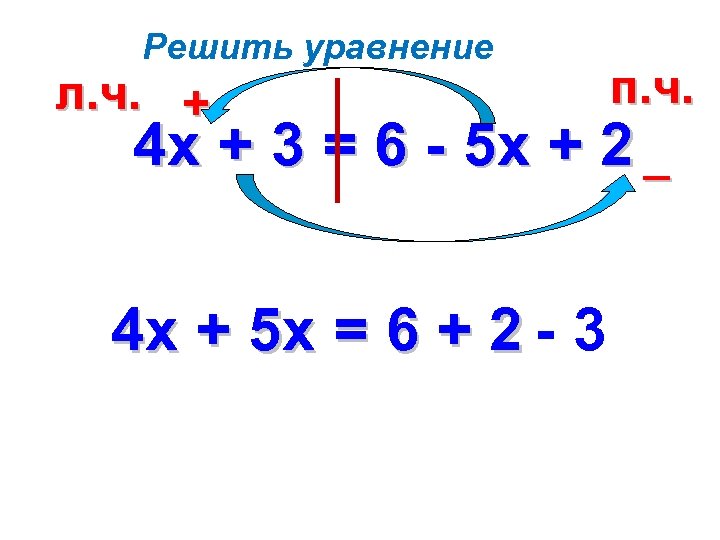 Решить уравнение л. ч. + 4 х + 3 = 6 - 5 х