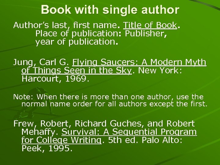 Book with single author Author’s last, first name. Title of Book. Place of publication: