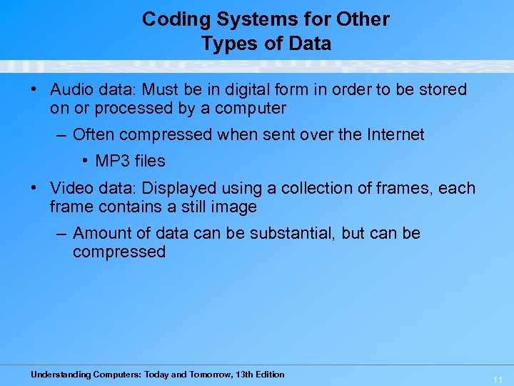 Coding Systems for Other Types of Data • Audio data: Must be in digital