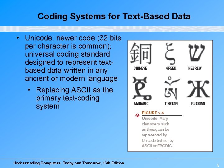 Coding Systems for Text-Based Data • Unicode: newer code (32 bits per character is