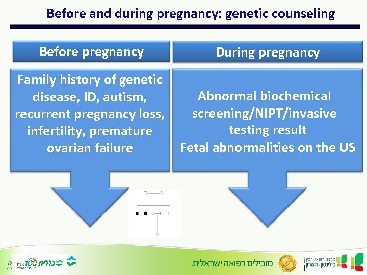 Before and during pregnancy: genetic counseling Before pregnancy During pregnancy Family history of genetic