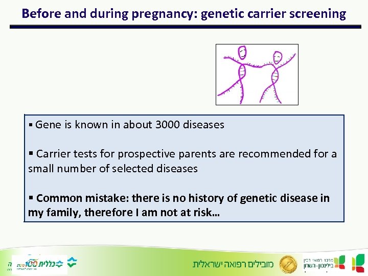 Before and during pregnancy: genetic carrier screening § Gene is known in about 3000