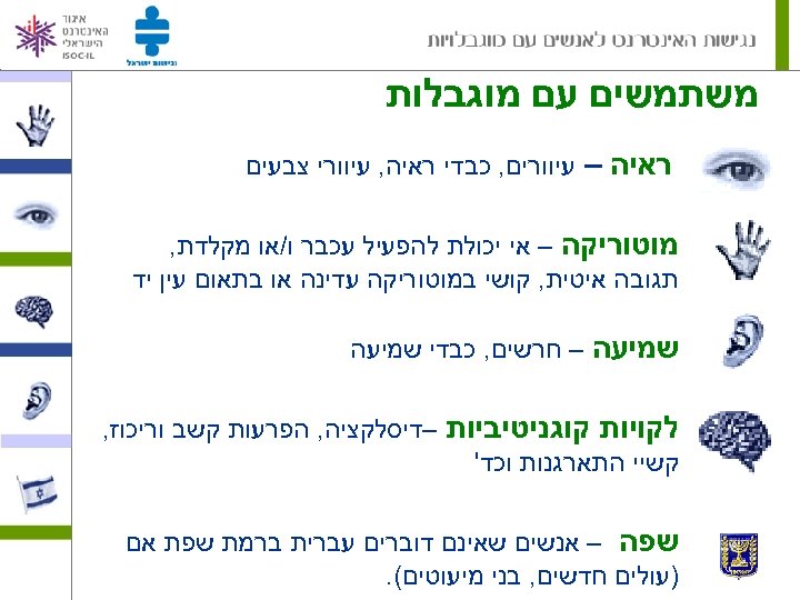  משתמשים עם מוגבלות ראיה – עיוורים, כבדי ראיה, עיוורי צבעים מוטוריקה – אי