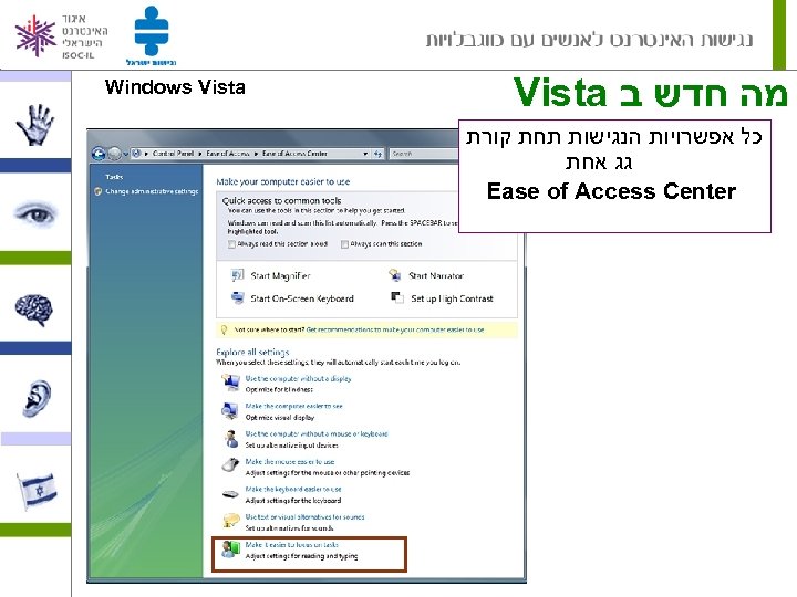 Windows Vista מה חדש ב כל אפשרויות הנגישות תחת קורת גג אחת Ease of