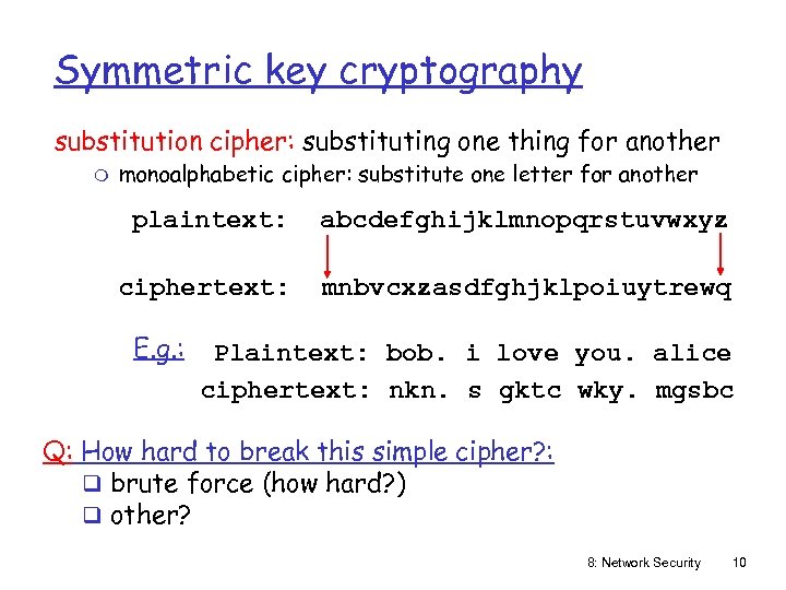 Symmetric key cryptography substitution cipher: substituting one thing for another m monoalphabetic cipher: substitute