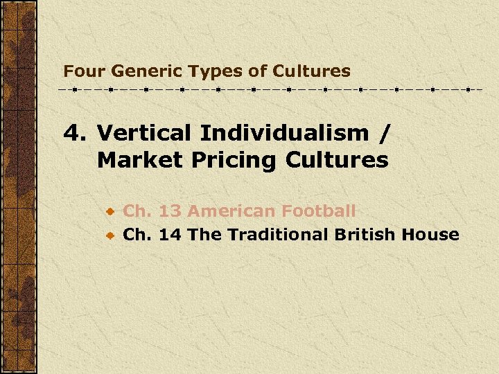 Four Generic Types of Cultures 4. Vertical Individualism / Market Pricing Cultures Ch. 13