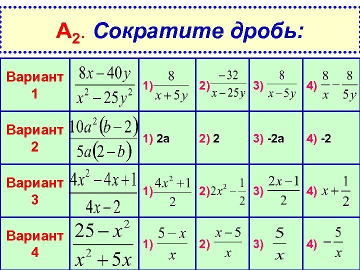 А 2. Сократите дробь: Вариант 1 1) 2) 3) 4) Вариант 2 1) 2