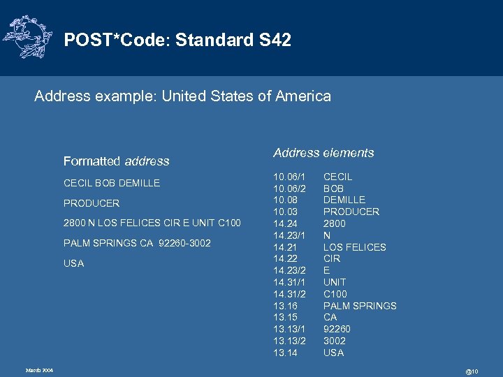 POST*Code: Standard S 42 Address example: United States of America Formatted address CECIL BOB