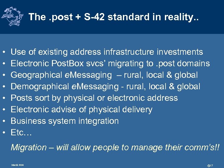 The. post + S-42 standard in reality. . • • Use of existing address