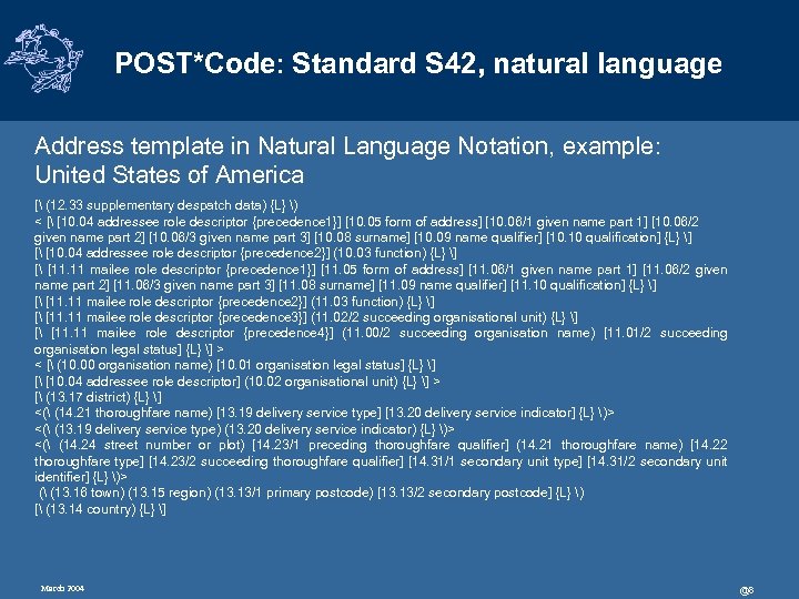 POST*Code: Standard S 42, natural language Address template in Natural Language Notation, example: United